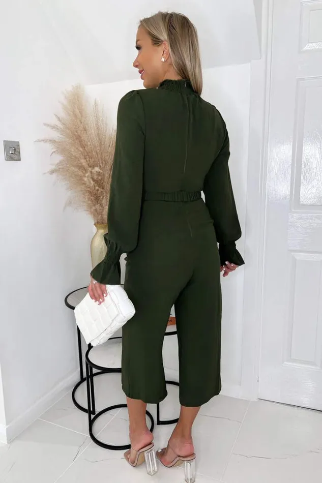 AX Paris Olive High Neck Long Sleeve Belted Jumpsuit Jumpsuits And Playsuits
