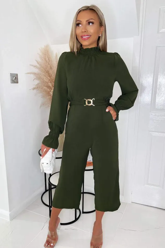 AX Paris Olive High Neck Long Sleeve Belted Jumpsuit Jumpsuits And Playsuits