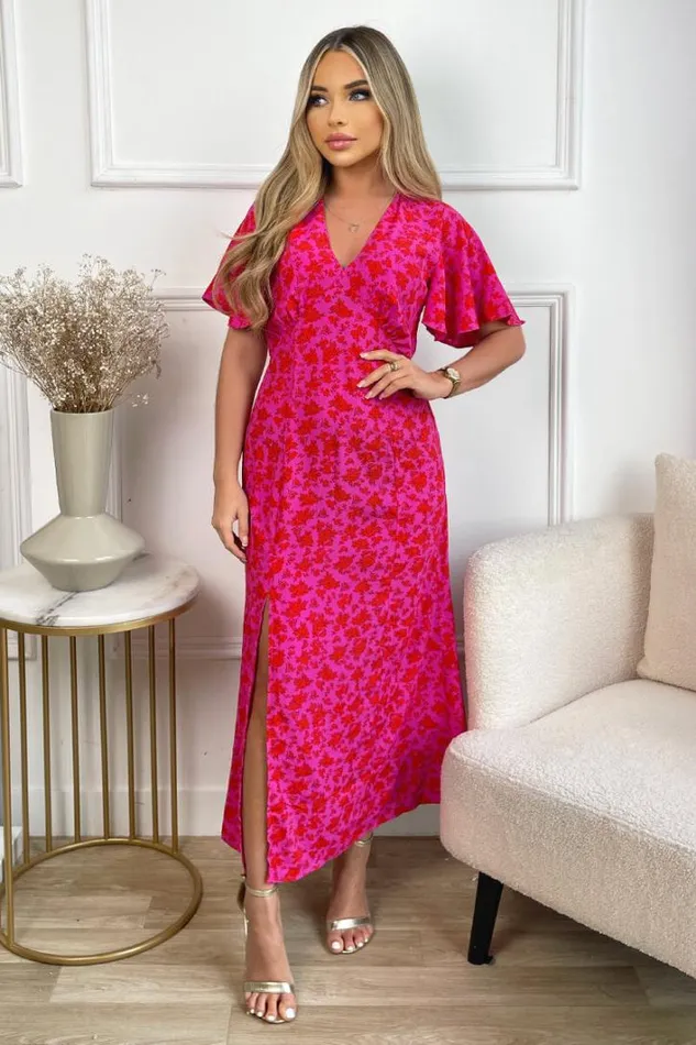 AX Paris Pink And Red Floral Printed VNeck Short Sleeve Midi Dress Dresses