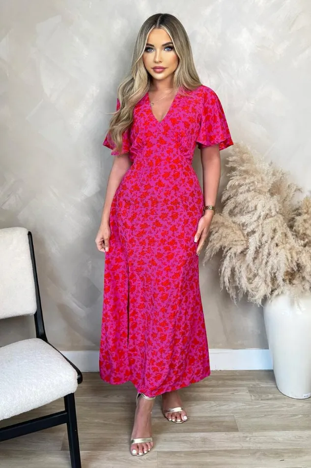 AX Paris Pink And Red Floral Printed VNeck Short Sleeve Midi Dress Dresses