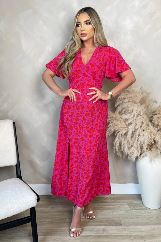 AX Paris Pink And Red Floral Printed VNeck Short Sleeve Midi Dress Dresses