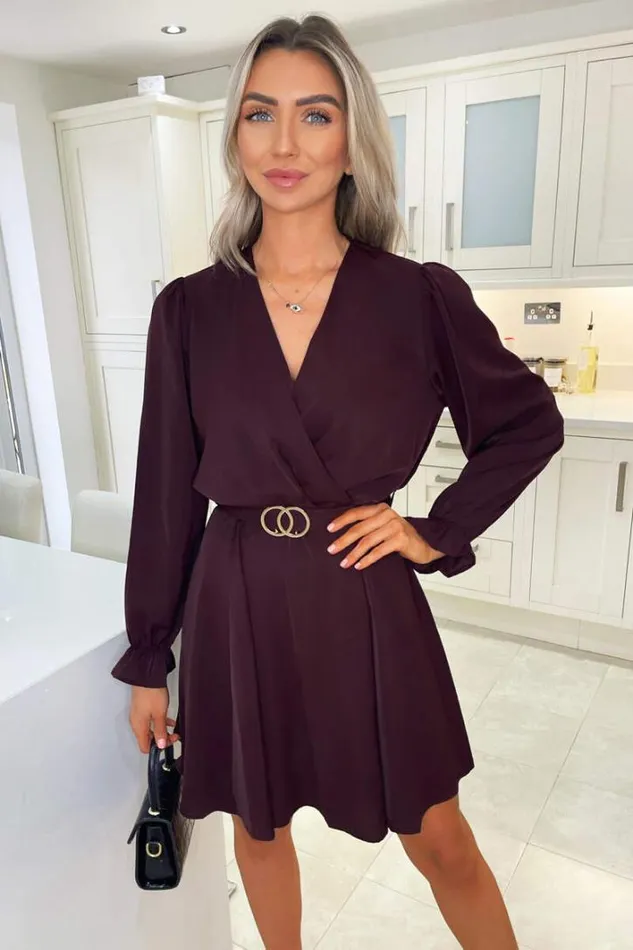 AX Paris Plum Wrap Over Belted Skater Dress Skater Dresses
