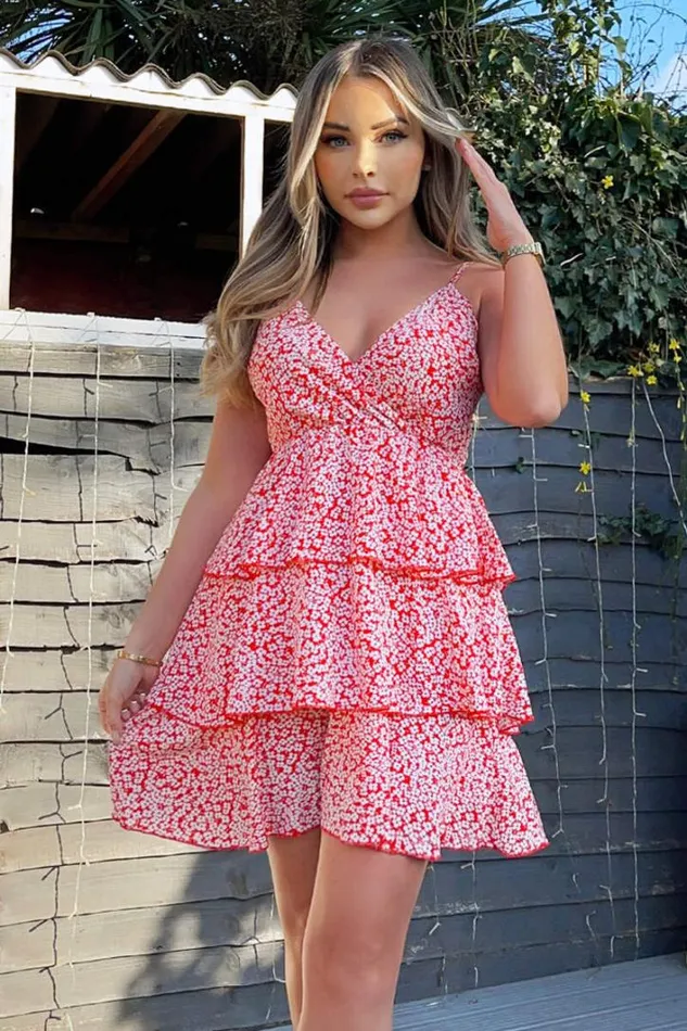 AX Paris Red Floral Wrap Top Layered Frill Mini Dress Dresses