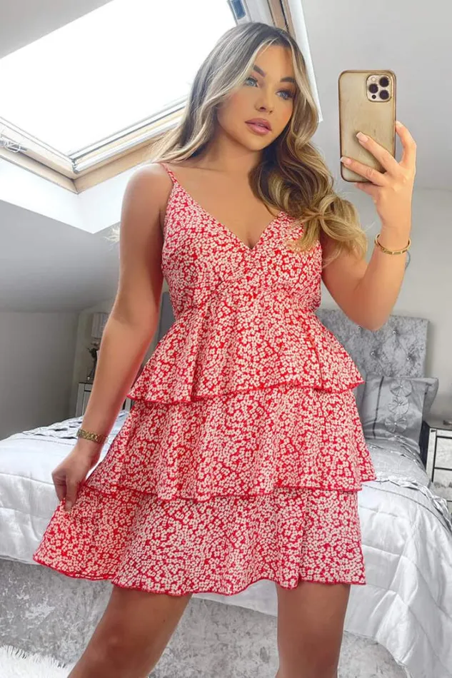 AX Paris Red Floral Wrap Top Layered Frill Mini Dress Dresses