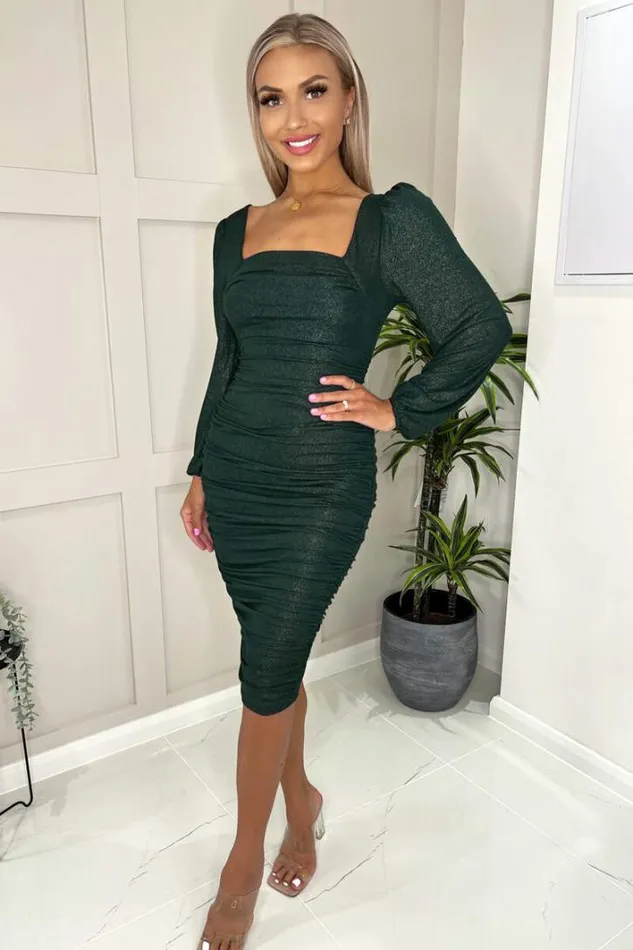 AX Paris Teal Square Neck Long Sleeve Ruched Shimmer Midi Dress Dresses