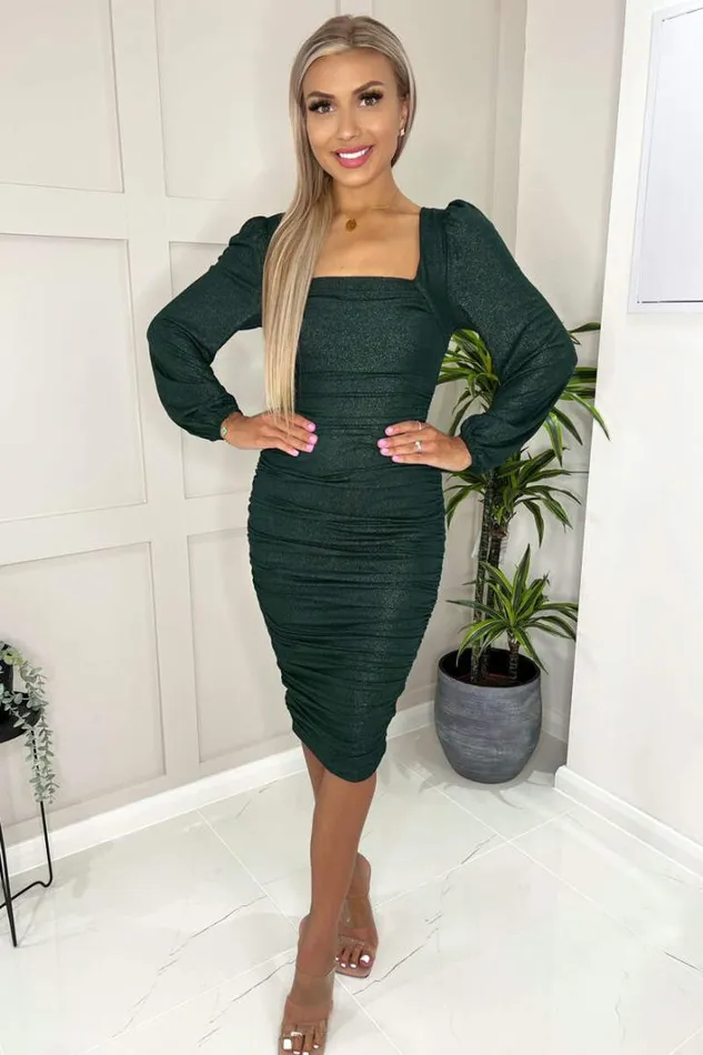 AX Paris Teal Square Neck Long Sleeve Ruched Shimmer Midi Dress Dresses