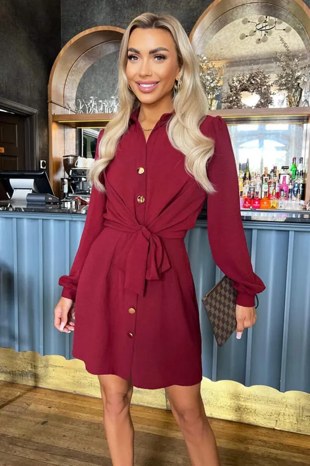 AX Paris Wine Button Tie Front Mini Shirt Dress Dresses
