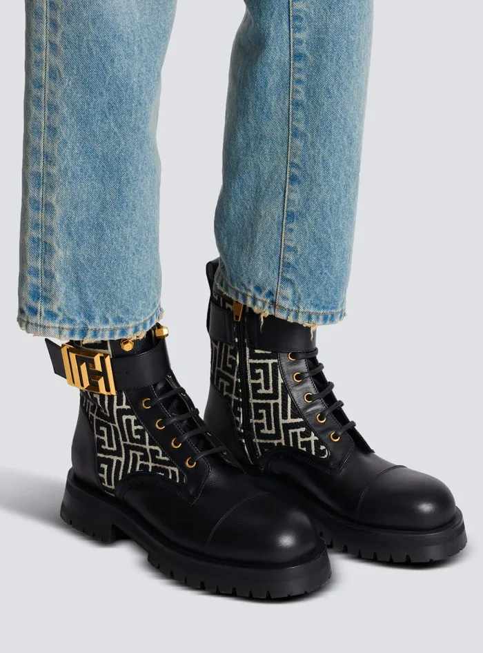 Balmain Boots Women Charlie Monogram Jacquard And Leather Ranger Boots Black