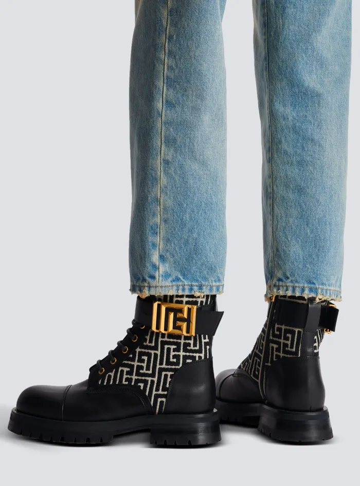 Balmain Boots Women Charlie Monogram Jacquard And Leather Ranger Boots Black