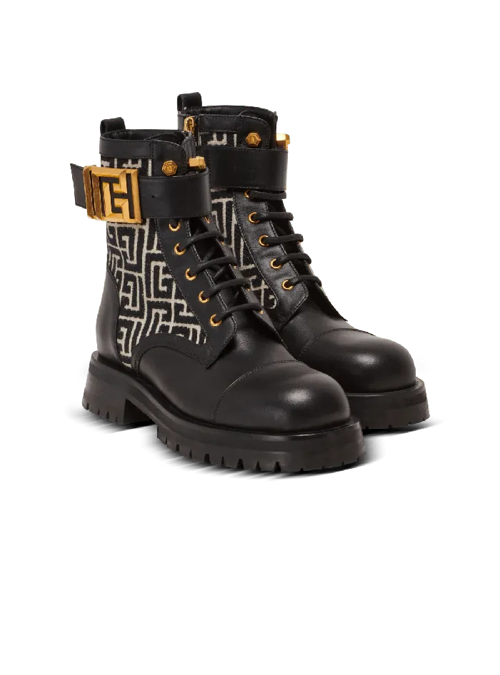 Balmain Boots Women Charlie Monogram Jacquard And Leather Ranger Boots Black