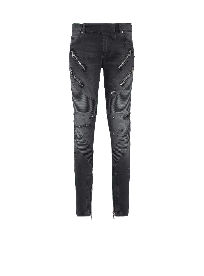 Balmain Denim Men Biker Jeans In Faded Denim Black