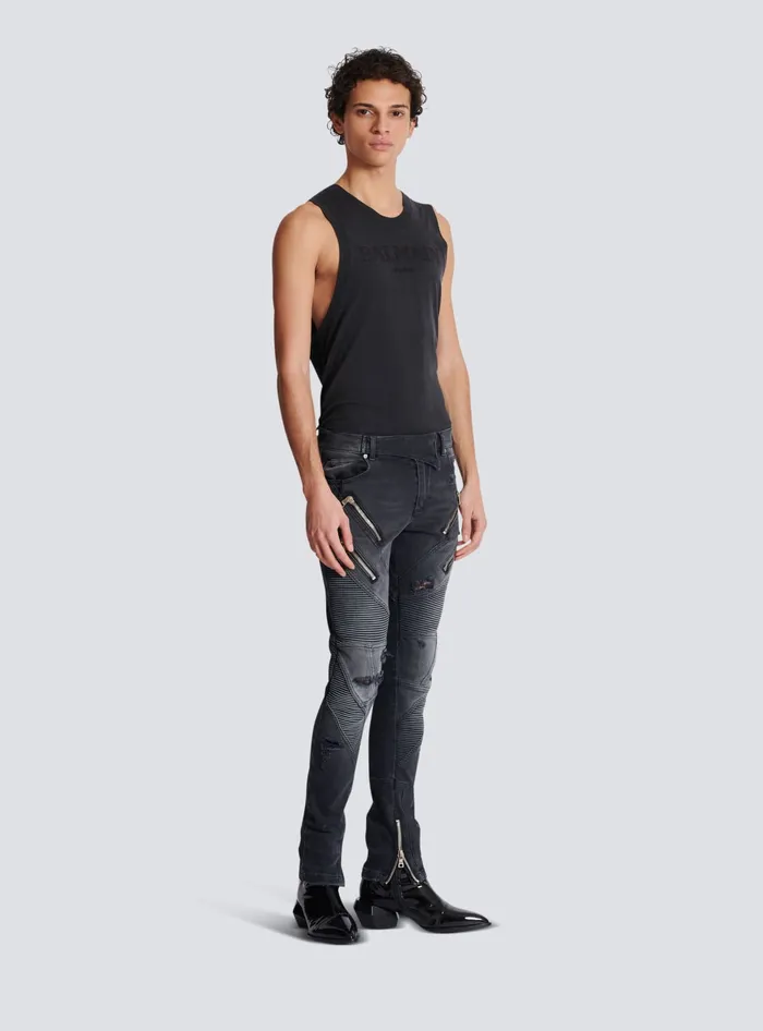 Balmain Denim Men Biker Jeans In Faded Denim Black