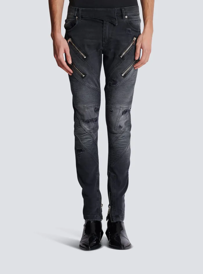 Balmain Denim Men Biker Jeans In Faded Denim Black