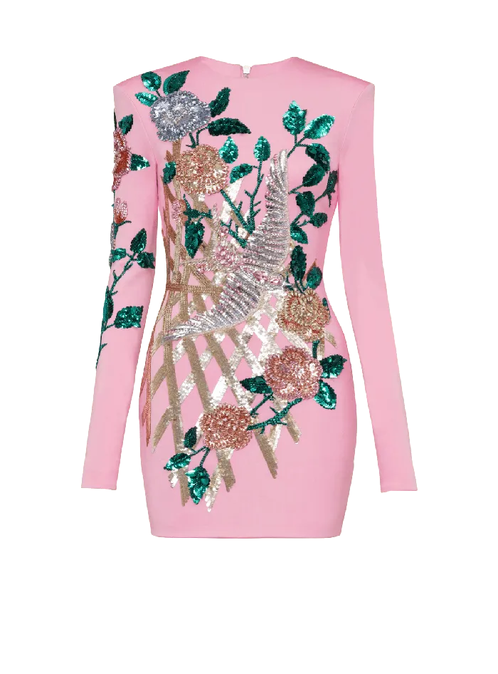 Balmain Dresses Women Embroidered Roses Dress Pink