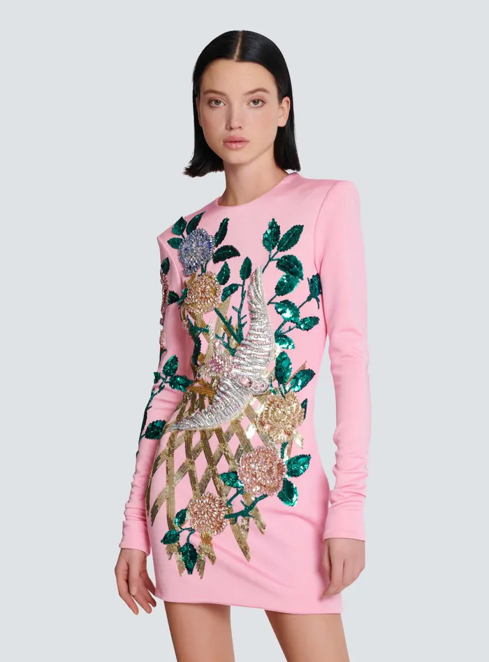 Balmain Dresses Women Embroidered Roses Dress Pink