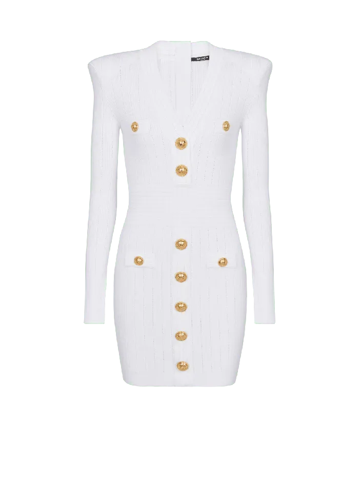 Balmain Dresses Women Short Knitted Dress With Gold Buttons White