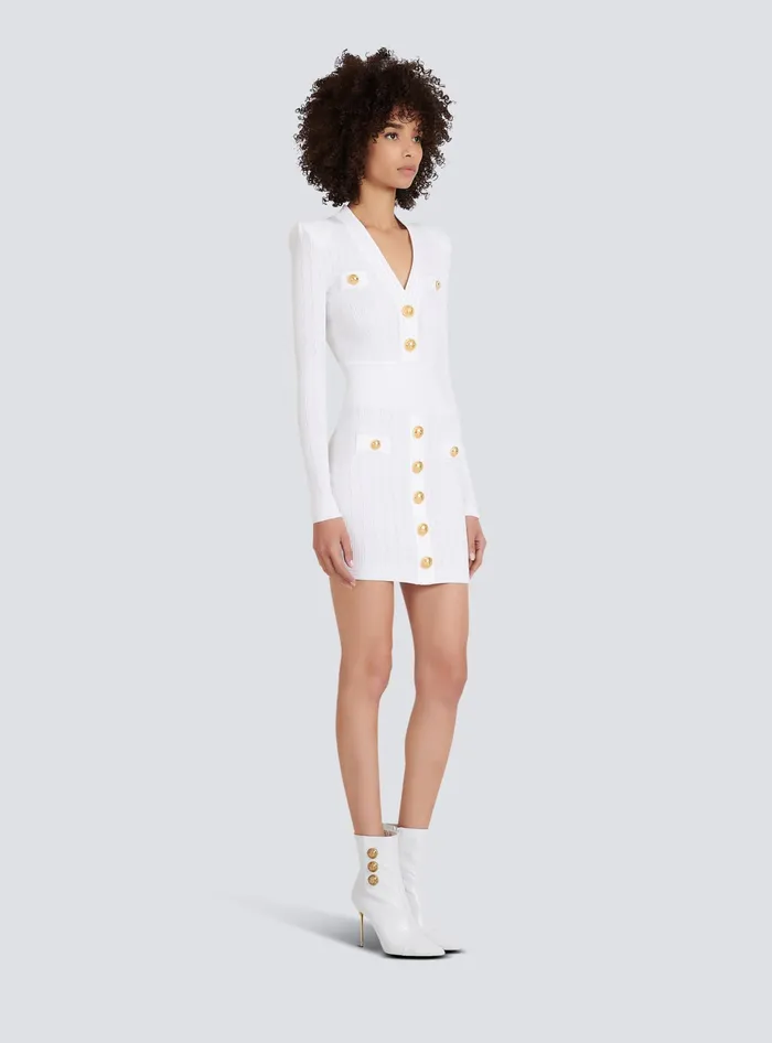 Balmain Dresses Women Short Knitted Dress With Gold Buttons White