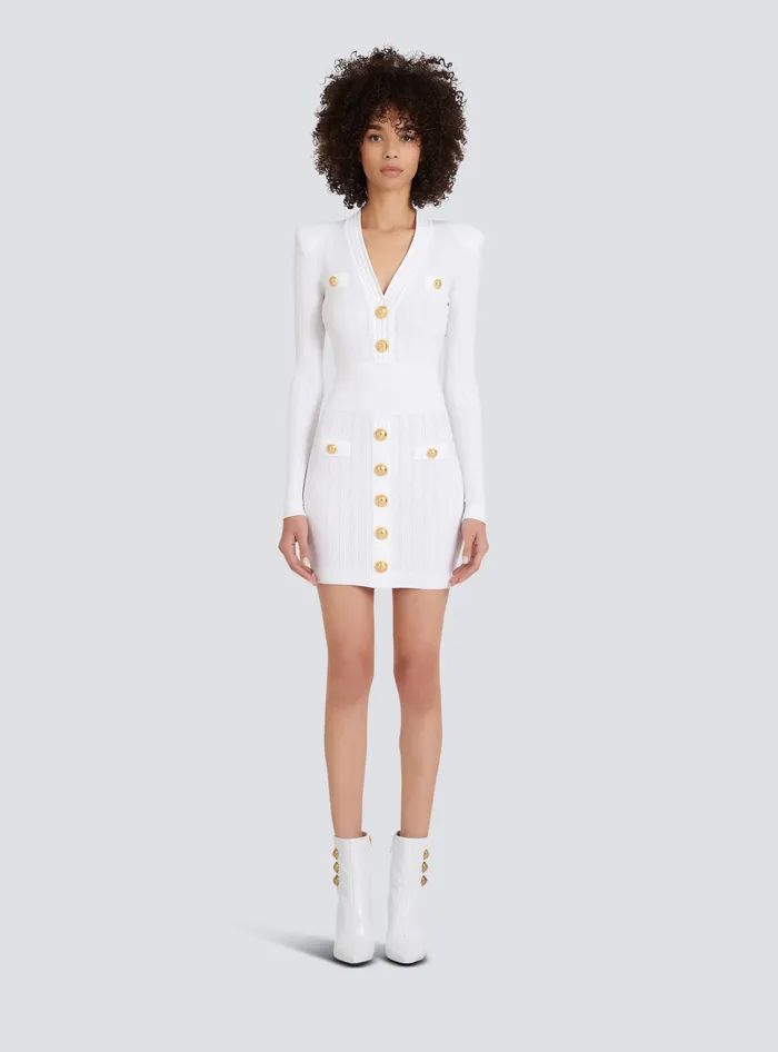 Balmain Dresses Women Short Knitted Dress With Gold Buttons White