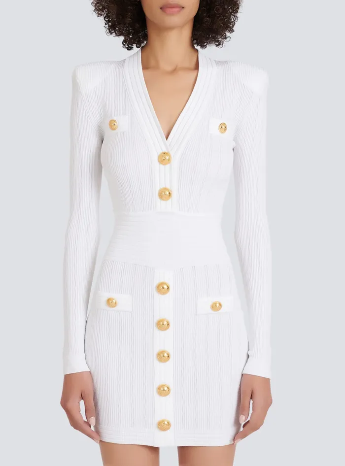 Balmain Dresses Women Short Knitted Dress With Gold Buttons White