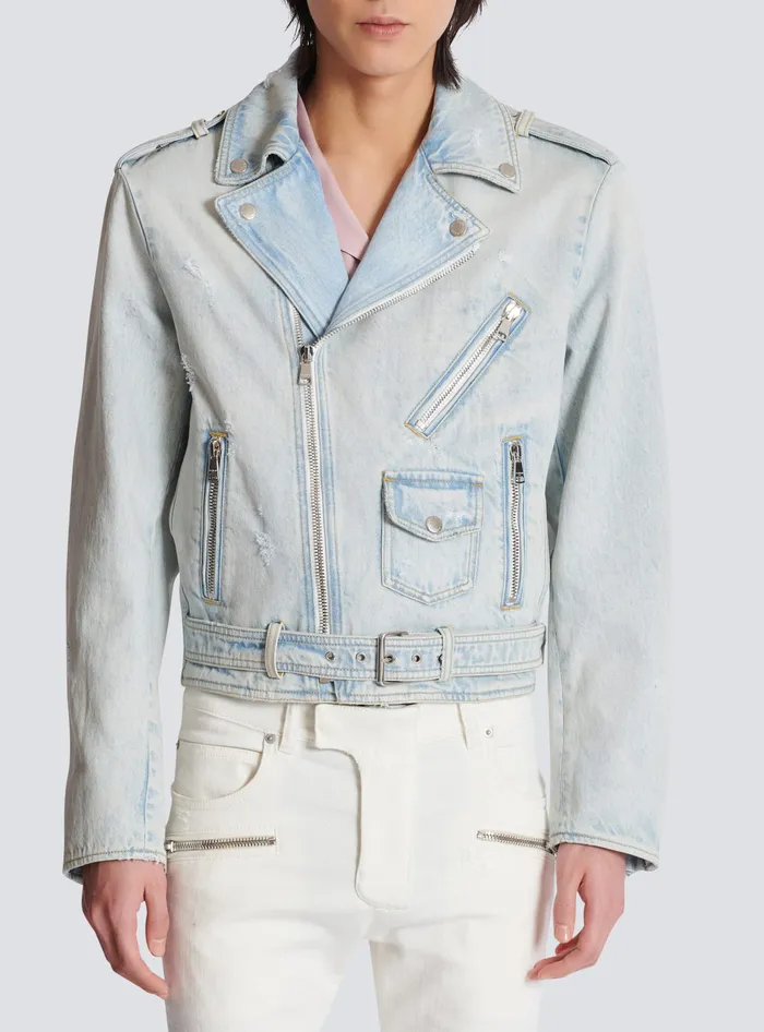 Balmain Outerwear Men Denim Biker Jacket Blue