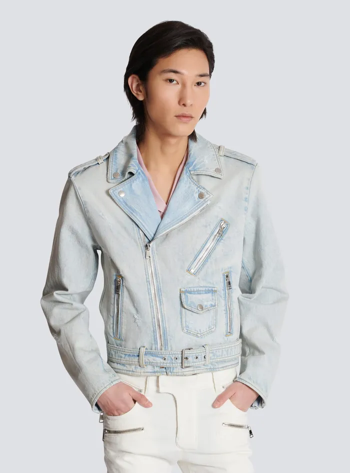 Balmain Outerwear Men Denim Biker Jacket Blue