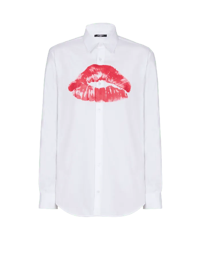 Balmain Shirts And Polos Men Poplin Shirt With Kiss Print White