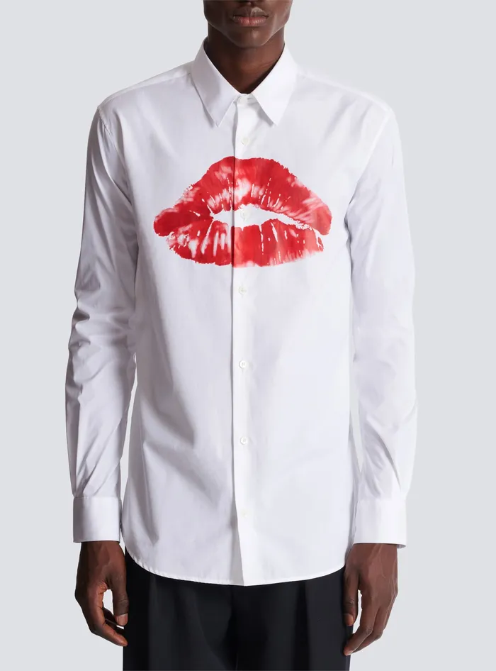 Balmain Shirts And Polos Men Poplin Shirt With Kiss Print White