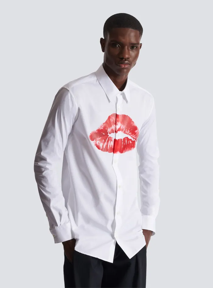 Balmain Shirts And Polos Men Poplin Shirt With Kiss Print White