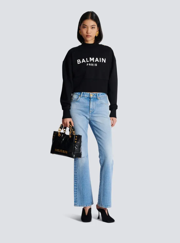 Balmain Sweatshirts Women Cropped Sweatshirt With Paris Print Black