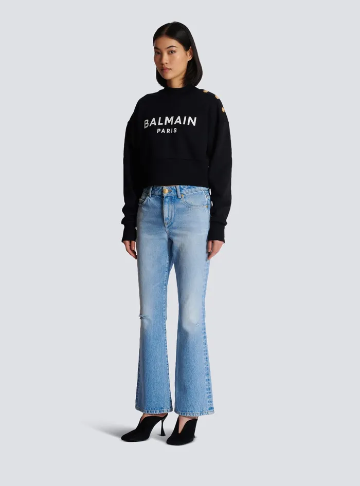 Balmain Sweatshirts Women Cropped Sweatshirt With Paris Print Black
