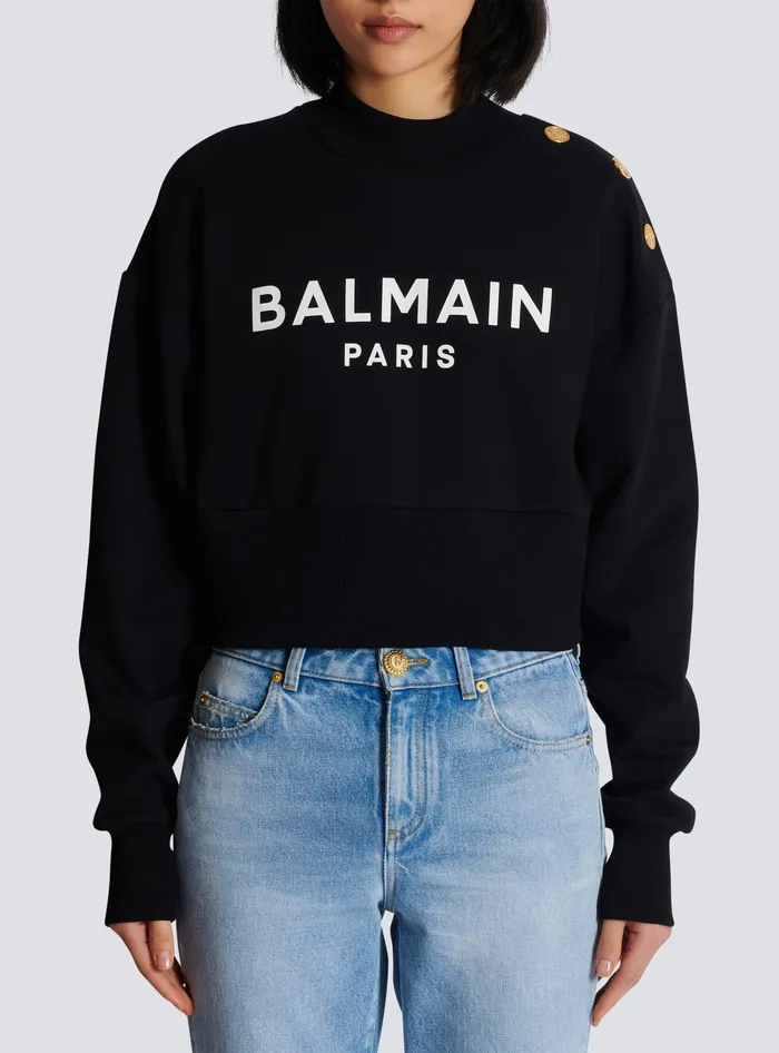 Balmain Sweatshirts Women Cropped Sweatshirt With Paris Print Black
