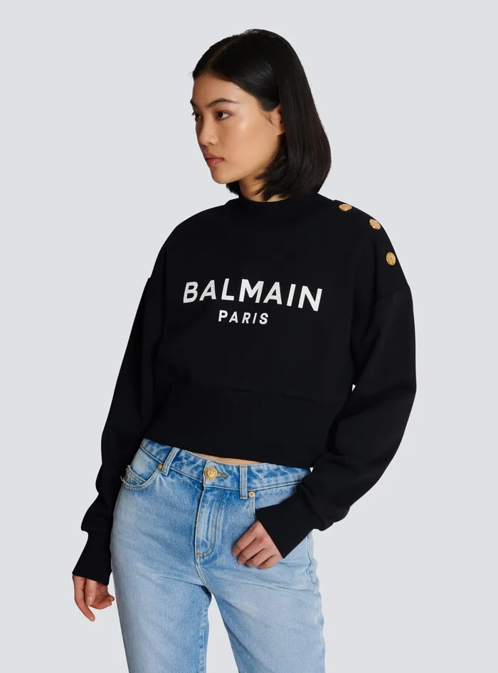 Balmain Sweatshirts Women Cropped Sweatshirt With Paris Print Black
