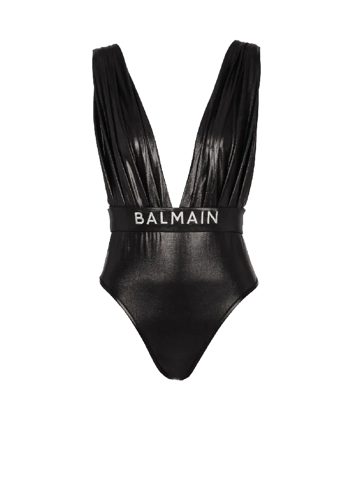 Balmain Swimwear Women Draped Onepiece Swimsuit With Belt Black