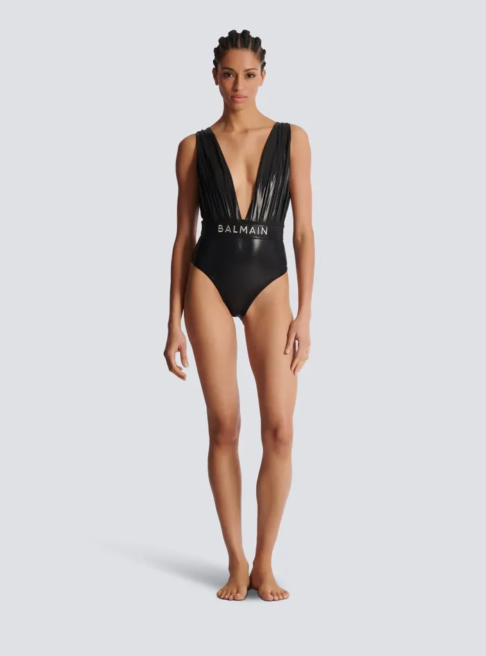 Balmain Swimwear Women Draped Onepiece Swimsuit With Belt Black