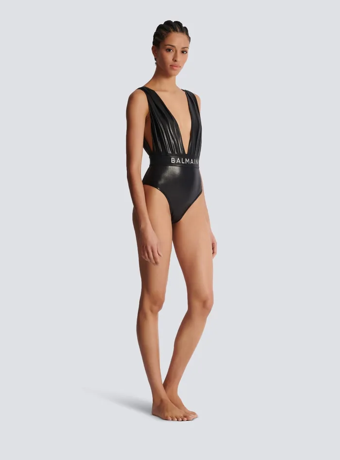 Balmain Swimwear Women Draped Onepiece Swimsuit With Belt Black