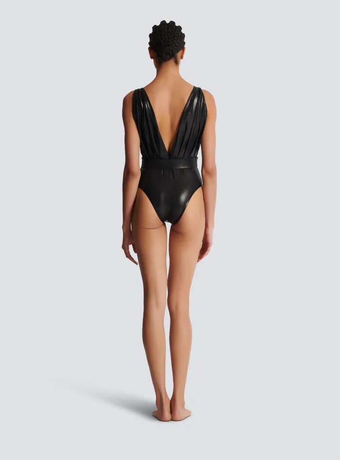 Balmain Swimwear Women Draped Onepiece Swimsuit With Belt Black