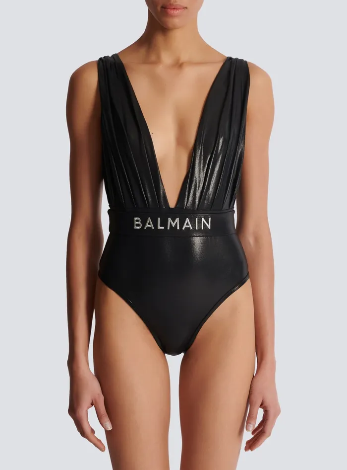 Balmain Swimwear Women Draped Onepiece Swimsuit With Belt Black