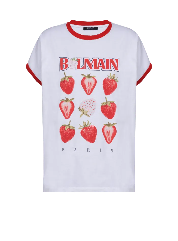 Balmain TShirts Women Twotone Tshirt With Strawberry Print White