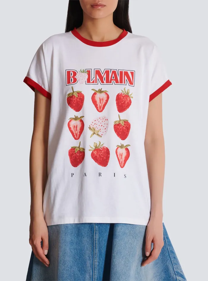 Balmain TShirts Women Twotone Tshirt With Strawberry Print White