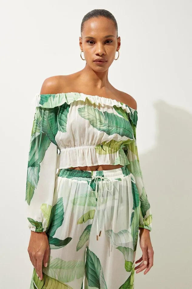 Beachwear Women Karen Millen Tropical Palm Print Off The Shoulder Beach Top Green Beachwear Women Karen Millen Tropical Palm Print Off The Shoulder Beach Top Green