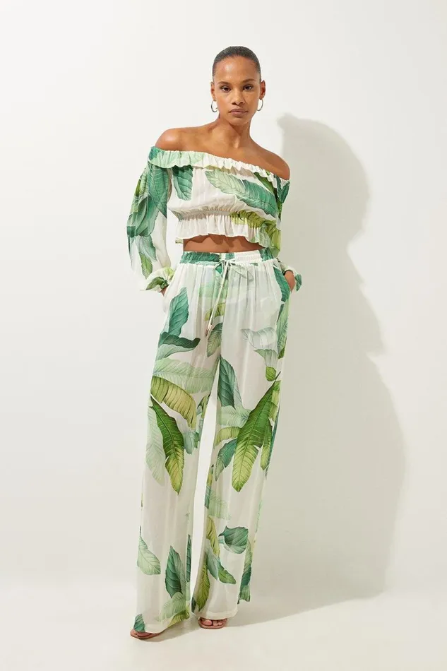 Beachwear Women Karen Millen Tropical Palm Print Off The Shoulder Beach Top Green