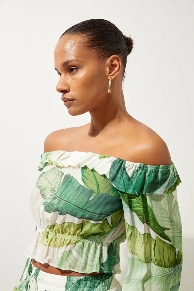 Beachwear Women Karen Millen Tropical Palm Print Off The Shoulder Beach Top Green