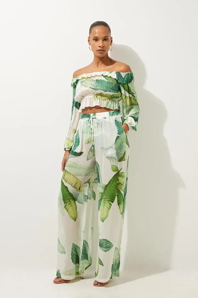 Beachwear Women Karen Millen Tropical Palm Print Wide Leg Beach Trousers Green Beachwear Women Karen Millen Tropical Palm Print Wide Leg Beach Trousers Green