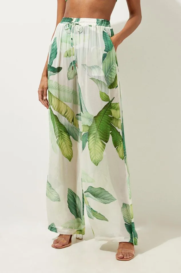Beachwear Women Karen Millen Tropical Palm Print Wide Leg Beach Trousers Green