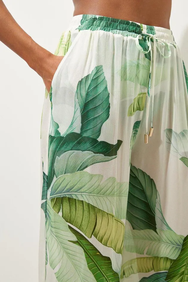 Beachwear Women Karen Millen Tropical Palm Print Wide Leg Beach Trousers Green
