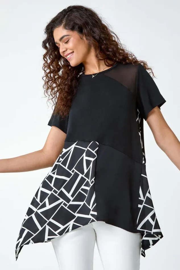 Black Abstract Print Panelled Stretch Tunic Top Women Roman Tops