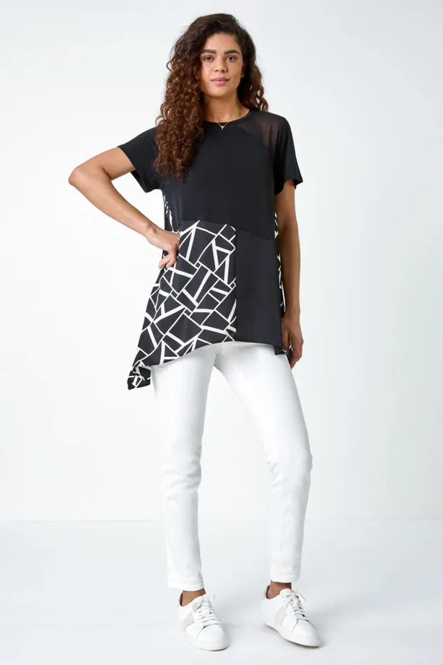 Black Abstract Print Panelled Stretch Tunic Top Women Roman Tops