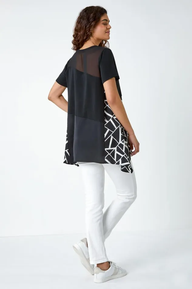 Black Abstract Print Panelled Stretch Tunic Top Women Roman Tops