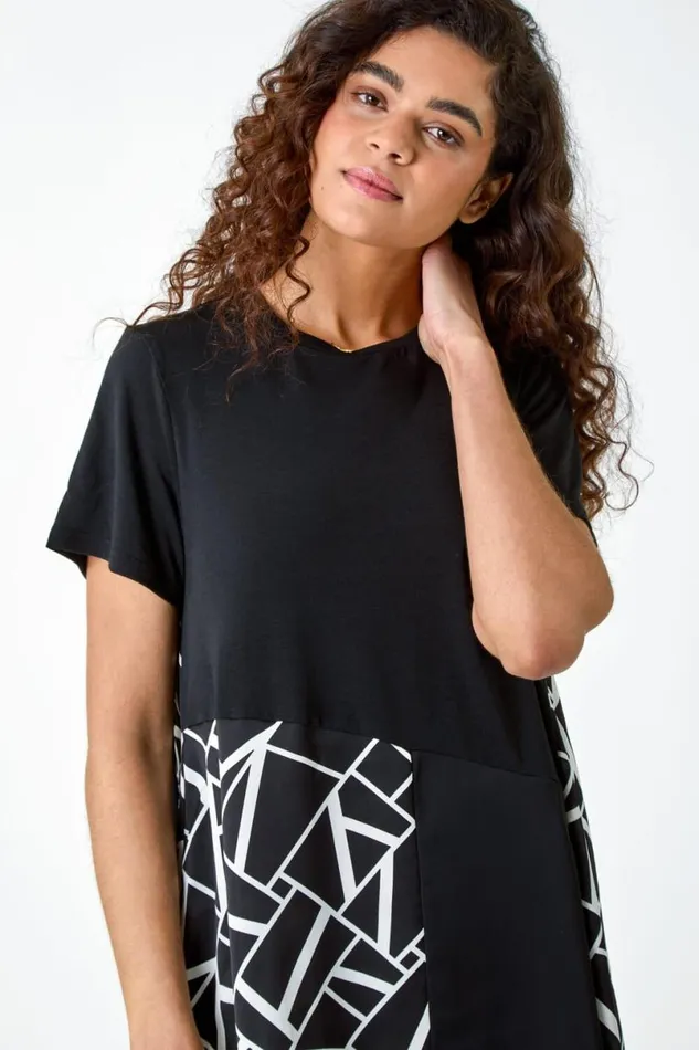 Black Abstract Print Panelled Stretch Tunic Top Women Roman Tops