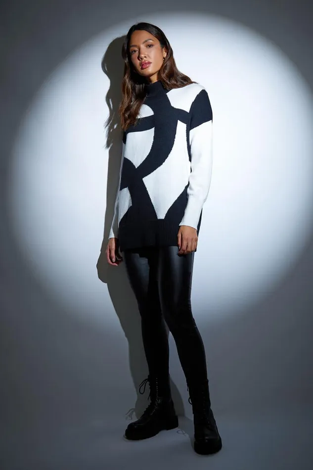 Black Abstract Print Roll Neck Longline Jumper Women Roman Knitwear